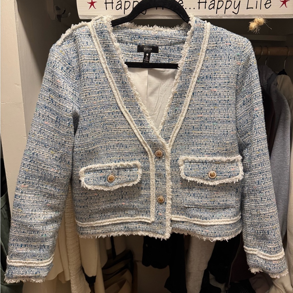 Aqua Women's Blue and White Tweed Blazer